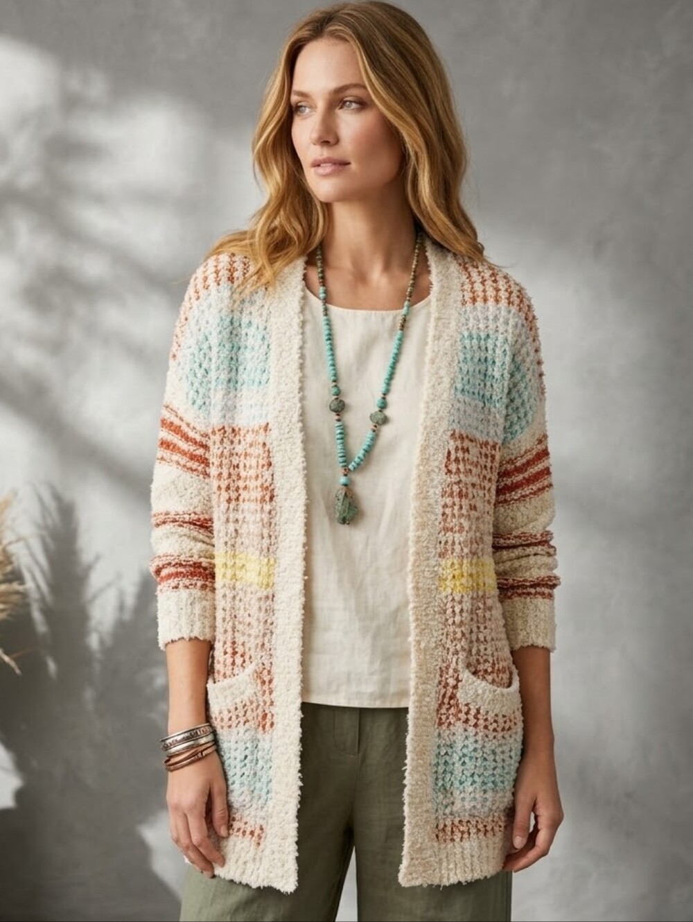 ADORA Pastel Stripe Textured Knit Open Front Cardigan Pockets Cream Size M/L